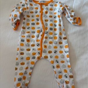 Magnolia White Footie with Orange Pumpkin Pattern